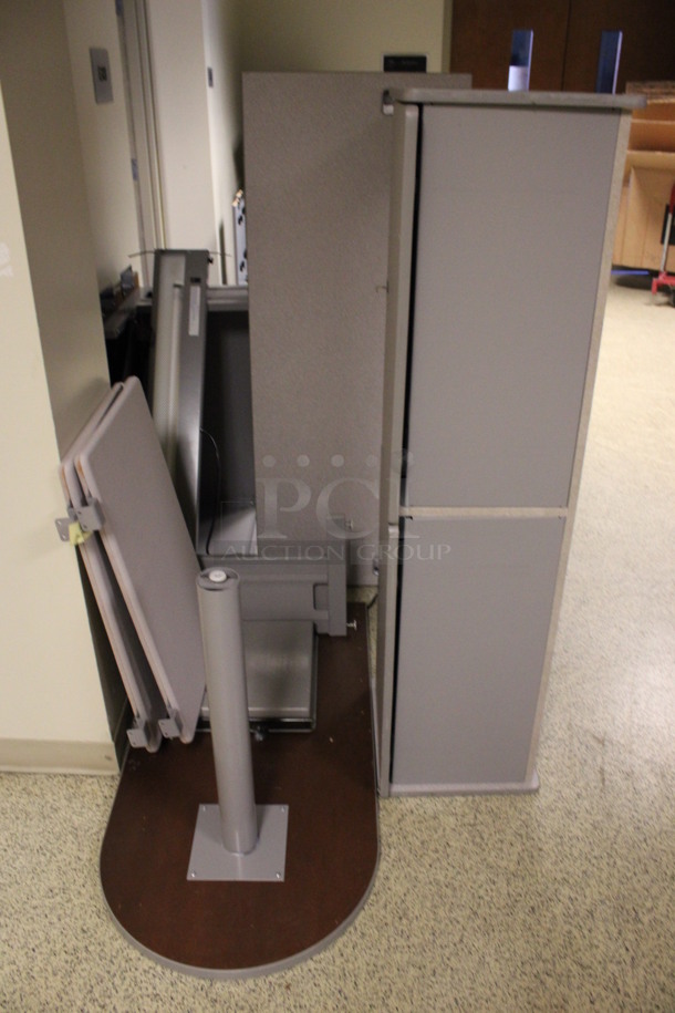 ALL ONE MONEY! Lot of Gray Desk Set Up Pieces; 2 Desks, Table and Hutch. 58.5x15.5x34.5, 60x24x29, 36x36x29, 48x24x29. (Hallways Straight Off Of Atrium) - Image 3 of 7