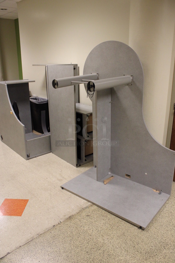 ALL ONE MONEY! Lot of Disassembled Gray Desk Set Up. Pieces; Corner Desk, Table, Desk w/ Filing Cabinets, Corner Desk and Hutch! 48x48x29, 60x15x37.5, 60x24x29, 7x48x29. (Hallways Straight Off Of Atrium) - Image 1 of 8