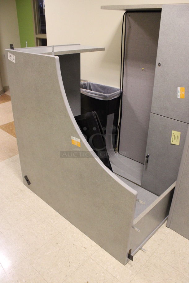 ALL ONE MONEY! Lot of Disassembled Gray Desk Set Up. Pieces; Corner Desk, Table, Desk w/ Filing Cabinets, Corner Desk and Hutch! 48x48x29, 60x15x37.5, 60x24x29, 7x48x29. (Hallways Straight Off Of Atrium) - Image 5 of 8