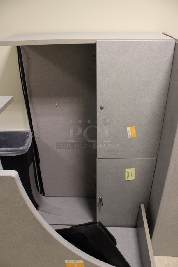 ALL ONE MONEY! Lot of Disassembled Gray Desk Set Up. Pieces; Corner Desk, Table, Desk w/ Filing Cabinets, Corner Desk and Hutch! 48x48x29, 60x15x37.5, 60x24x29, 7x48x29. (Hallways Straight Off Of Atrium) - Image 6 of 8