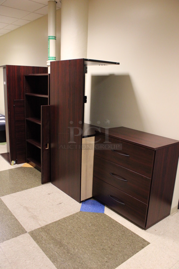 ALL ONE MONEY! Lot of Disassembled Wood Pattern Office Set Up. Pieces; 3 Drawer Filing Cabinet, 2 Desk, Bookshelf and Hutch! 36x20x38, 72x24x29, 36x12x66, 72x36x29, 72x15x38, 48x24x29. (Hallways Straight Off Of Atrium)