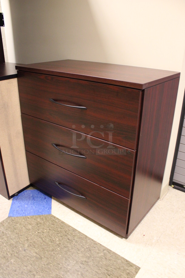 ALL ONE MONEY! Lot of Disassembled Wood Pattern Office Set Up. Pieces; 3 Drawer Filing Cabinet, 2 Desk, Bookshelf and Hutch! 36x20x38, 72x24x29, 36x12x66, 72x36x29, 72x15x38, 48x24x29. (Hallways Straight Off Of Atrium) - Image 2 of 11