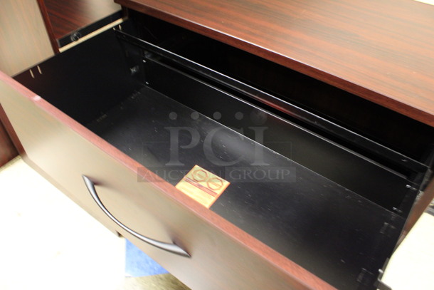 ALL ONE MONEY! Lot of Disassembled Wood Pattern Office Set Up. Pieces; 3 Drawer Filing Cabinet, 2 Desk, Bookshelf and Hutch! 36x20x38, 72x24x29, 36x12x66, 72x36x29, 72x15x38, 48x24x29. (Hallways Straight Off Of Atrium) - Image 3 of 11