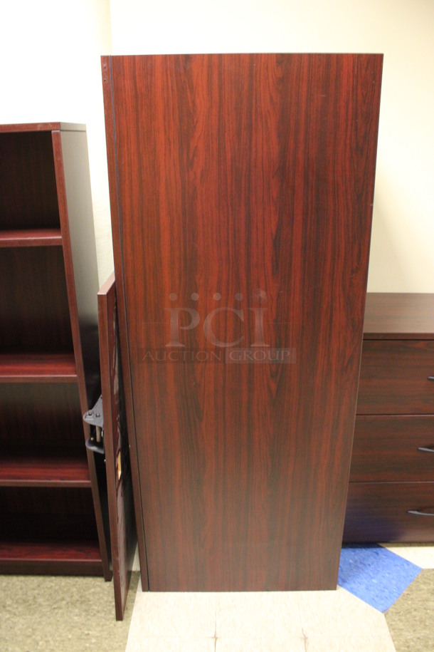 ALL ONE MONEY! Lot of Disassembled Wood Pattern Office Set Up. Pieces; 3 Drawer Filing Cabinet, 2 Desk, Bookshelf and Hutch! 36x20x38, 72x24x29, 36x12x66, 72x36x29, 72x15x38, 48x24x29. (Hallways Straight Off Of Atrium) - Image 4 of 11