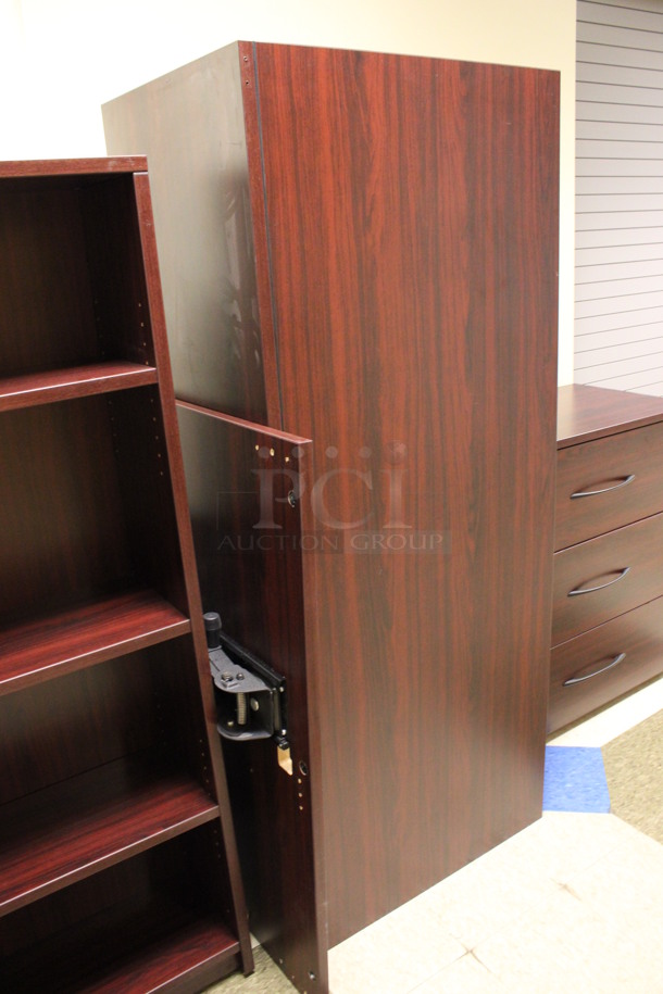 ALL ONE MONEY! Lot of Disassembled Wood Pattern Office Set Up. Pieces; 3 Drawer Filing Cabinet, 2 Desk, Bookshelf and Hutch! 36x20x38, 72x24x29, 36x12x66, 72x36x29, 72x15x38, 48x24x29. (Hallways Straight Off Of Atrium) - Image 5 of 11