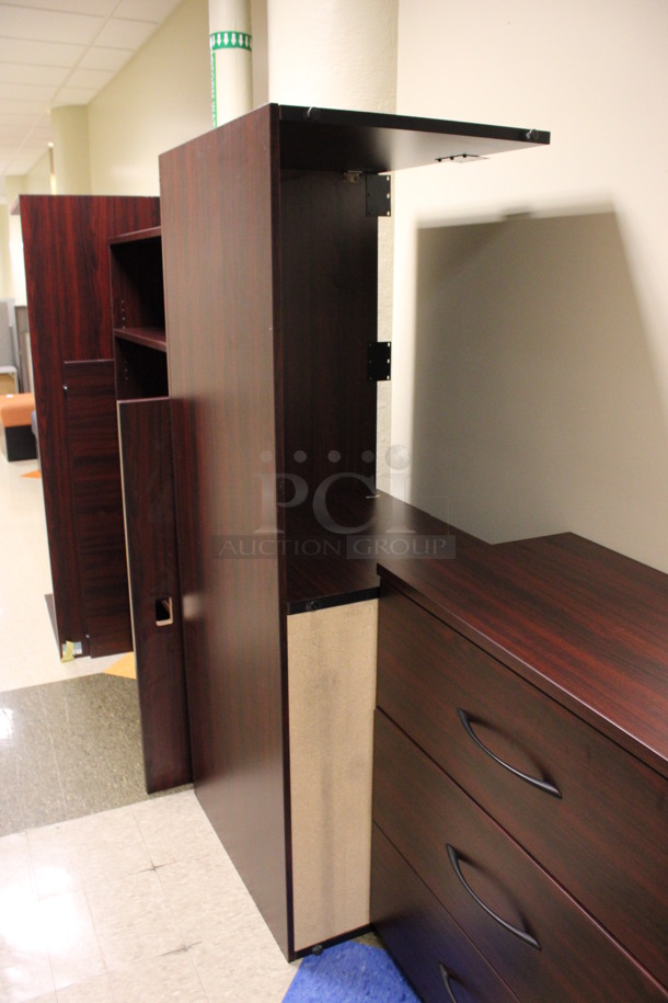 ALL ONE MONEY! Lot of Disassembled Wood Pattern Office Set Up. Pieces; 3 Drawer Filing Cabinet, 2 Desk, Bookshelf and Hutch! 36x20x38, 72x24x29, 36x12x66, 72x36x29, 72x15x38, 48x24x29. (Hallways Straight Off Of Atrium) - Image 6 of 11