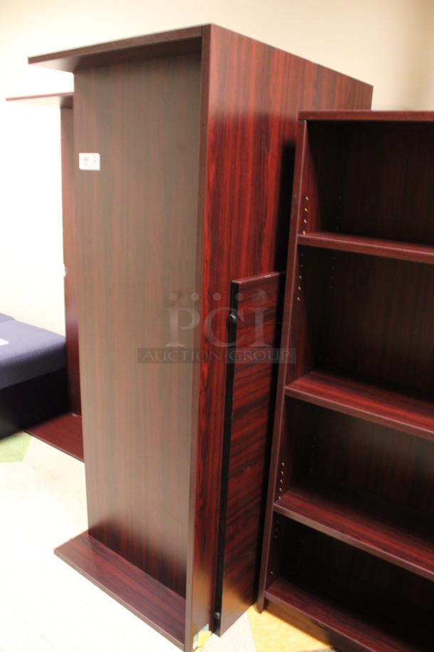 ALL ONE MONEY! Lot of Disassembled Wood Pattern Office Set Up. Pieces; 3 Drawer Filing Cabinet, 2 Desk, Bookshelf and Hutch! 36x20x38, 72x24x29, 36x12x66, 72x36x29, 72x15x38, 48x24x29. (Hallways Straight Off Of Atrium) - Image 8 of 11