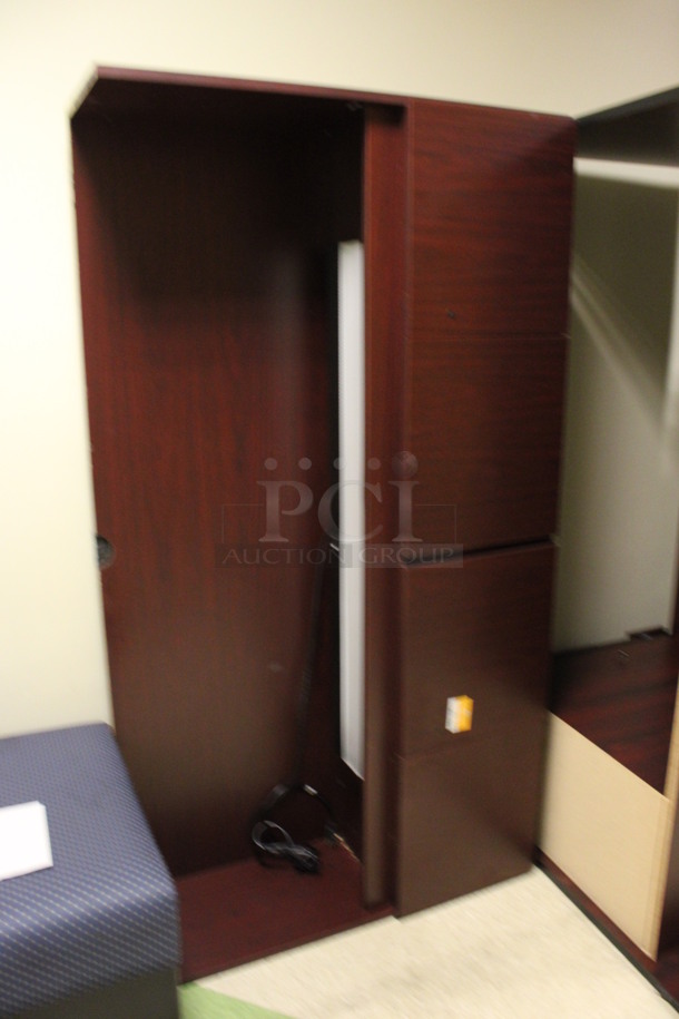 ALL ONE MONEY! Lot of Disassembled Wood Pattern Office Set Up. Pieces; 3 Drawer Filing Cabinet, 2 Desk, Bookshelf and Hutch! 36x20x38, 72x24x29, 36x12x66, 72x36x29, 72x15x38, 48x24x29. (Hallways Straight Off Of Atrium) - Image 10 of 11