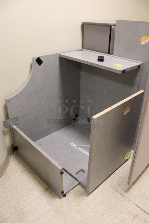 ALL ONE MONEY! Lot of Disassembled Gray Desk Set Up. Pieces; Corner Desk, Hutch and 2 Drawer Filing Cabinet! 48x24x48, 47x15.5x34.5, 36x36x29, 24x28x29. (Hallways Straight Off Of Atrium) - Image 2 of 6
