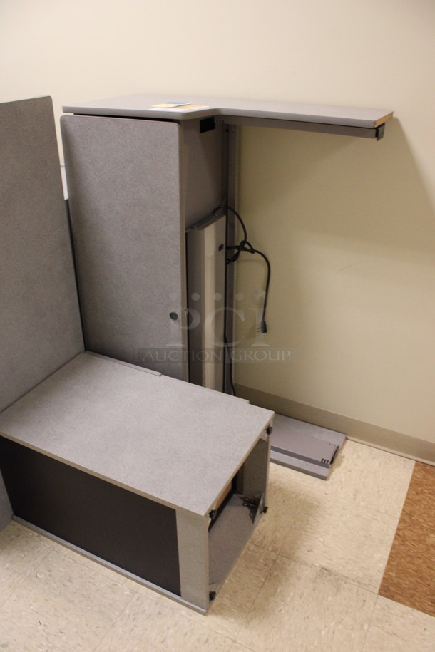 ALL ONE MONEY! Lot of Disassembled Gray Desk Set Up. Pieces; Corner Desk, Hutch and 2 Drawer Filing Cabinet! 48x24x48, 47x15.5x34.5, 36x36x29, 24x28x29. (Hallways Straight Off Of Atrium) - Image 4 of 6