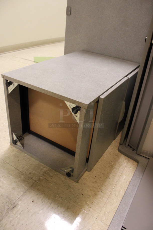 ALL ONE MONEY! Lot of Disassembled Gray Desk Set Up. Pieces; Corner Desk, Hutch and 2 Drawer Filing Cabinet! 48x24x48, 47x15.5x34.5, 36x36x29, 24x28x29. (Hallways Straight Off Of Atrium) - Image 5 of 6