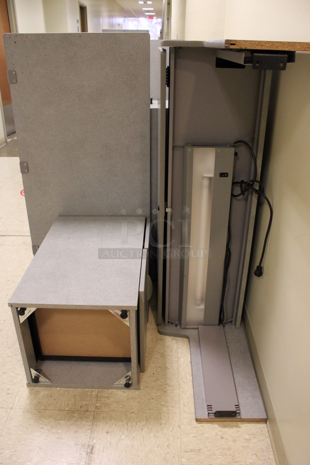 ALL ONE MONEY! Lot of Disassembled Gray Desk Set Up. Pieces; Corner Desk, Hutch and 2 Drawer Filing Cabinet! 48x24x48, 47x15.5x34.5, 36x36x29, 24x28x29. (Hallways Straight Off Of Atrium) - Image 6 of 6