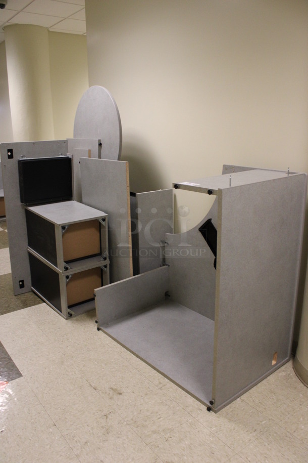 ALL ONE MONEY! Lot of Disassembled Gray Desk Set Up. Pieces; Corner Desk, Two Filing Cabinets, Desk and Table! 48x48x29, 54x24x29, 72x24x49, 54x15x37.5. (Hallways Straight Off Of Atrium)