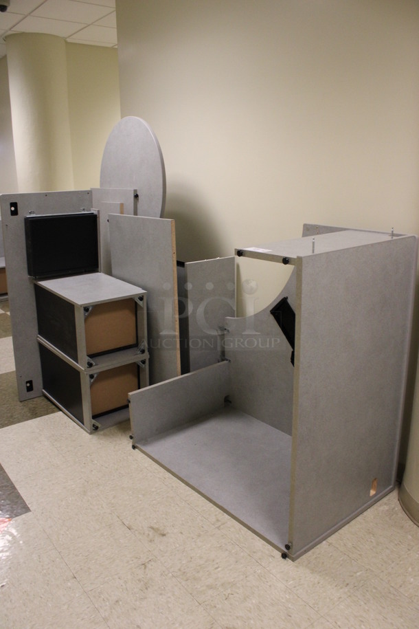 ALL ONE MONEY! Lot of Disassembled Gray Desk Set Up. Pieces; Corner Desk, Two Filing Cabinets, Desk and Table! 48x48x29, 54x24x29, 72x24x49, 54x15x37.5. (Hallways Straight Off Of Atrium) - Image 1 of 8