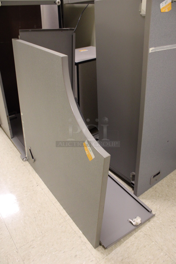 ALL ONE MONEY! Lot of Disassembled Gray Desk Set Up. Pieces; Corner Desk, 2 Desks, 2 Drawer Filing Cabinet and Hutch! 48x15x37.5, 48x24x29, 36x36x29, 16x21x29. (Hallways Straight Off Of Atrium) - Image 2 of 7