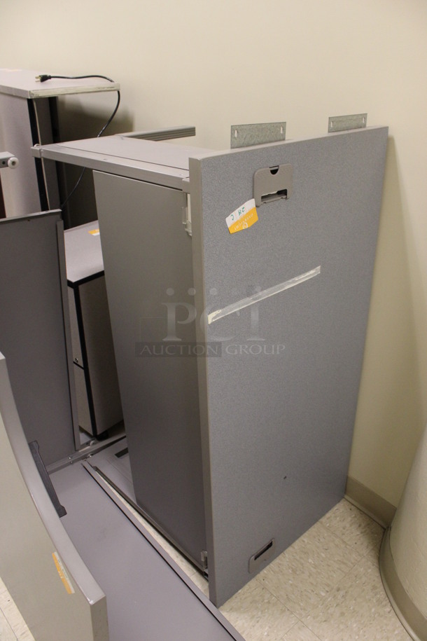ALL ONE MONEY! Lot of Disassembled Gray Desk Set Up. Pieces; Corner Desk, 2 Desks, 2 Drawer Filing Cabinet and Hutch! 48x15x37.5, 48x24x29, 36x36x29, 16x21x29. (Hallways Straight Off Of Atrium) - Image 3 of 7