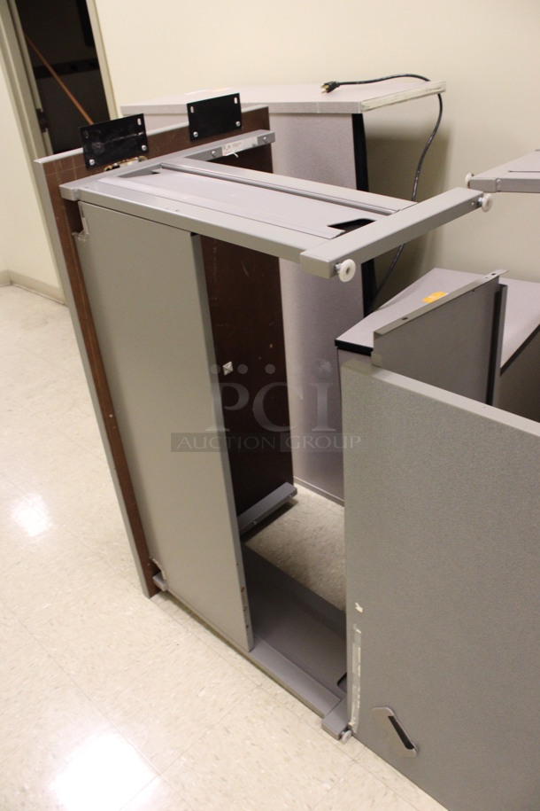 ALL ONE MONEY! Lot of Disassembled Gray Desk Set Up. Pieces; Corner Desk, 2 Desks, 2 Drawer Filing Cabinet and Hutch! 48x15x37.5, 48x24x29, 36x36x29, 16x21x29. (Hallways Straight Off Of Atrium) - Image 4 of 7