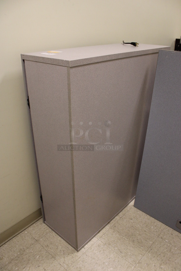 ALL ONE MONEY! Lot of Disassembled Gray Desk Set Up. Pieces; Corner Desk, 2 Desks, 2 Drawer Filing Cabinet and Hutch! 48x15x37.5, 48x24x29, 36x36x29, 16x21x29. (Hallways Straight Off Of Atrium) - Image 6 of 7