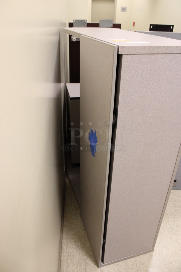 ALL ONE MONEY! Lot of Disassembled Gray Desk Set Up. Pieces; Corner Desk, 2 Desks, 2 Drawer Filing Cabinet and Hutch! 48x15x37.5, 48x24x29, 36x36x29, 16x21x29. (Hallways Straight Off Of Atrium) - Image 7 of 7