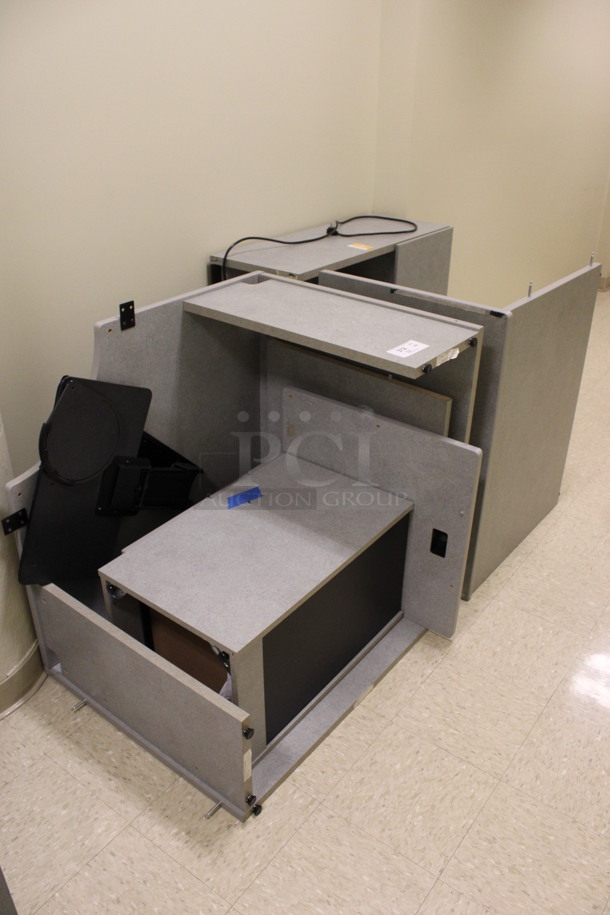 ALL ONE MONEY! Lot of Disassembled Gray Desk Set Up. Pieces; Corner Desk, Filing Cabinets and Hutch! 36x36x29, 36x24x29, 24x24x29, 36x15x37.5. (Hallways Straight Off Of Atrium) - Image 1 of 6
