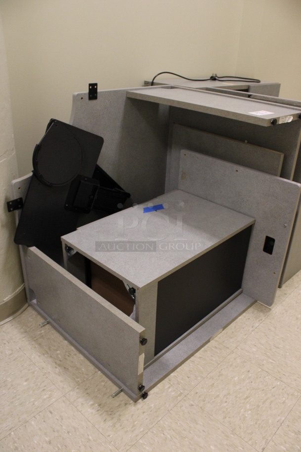ALL ONE MONEY! Lot of Disassembled Gray Desk Set Up. Pieces; Corner Desk, Filing Cabinets and Hutch! 36x36x29, 36x24x29, 24x24x29, 36x15x37.5. (Hallways Straight Off Of Atrium) - Image 2 of 6