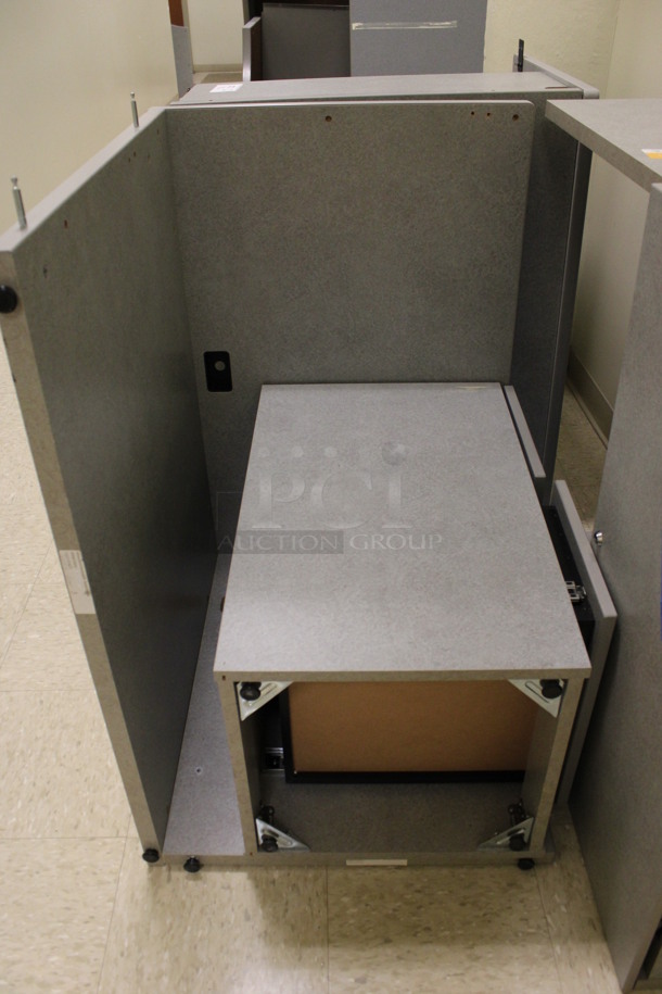 ALL ONE MONEY! Lot of Disassembled Gray Desk Set Up. Pieces; Corner Desk, Filing Cabinets and Hutch! 36x36x29, 36x24x29, 24x24x29, 36x15x37.5. (Hallways Straight Off Of Atrium) - Image 5 of 6