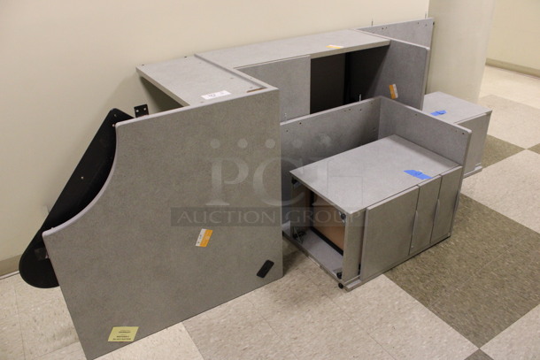 ALL ONE MONEY! Lot of Disassembled Gray Desk Set Up. Pieces; Corner Desk, Filing Cabinets and Hutch! 36x36x29, 36x15x37.5, 24x24x29, 36x24x29. (Hallways Straight Off Of Atrium)