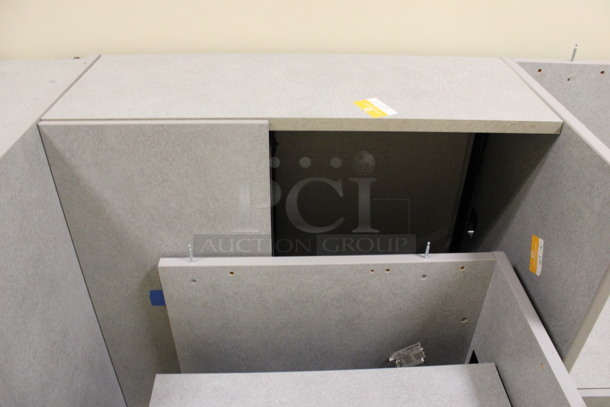 ALL ONE MONEY! Lot of Disassembled Gray Desk Set Up. Pieces; Corner Desk, Filing Cabinets and Hutch! 36x36x29, 36x15x37.5, 24x24x29, 36x24x29. (Hallways Straight Off Of Atrium) - Image 4 of 7