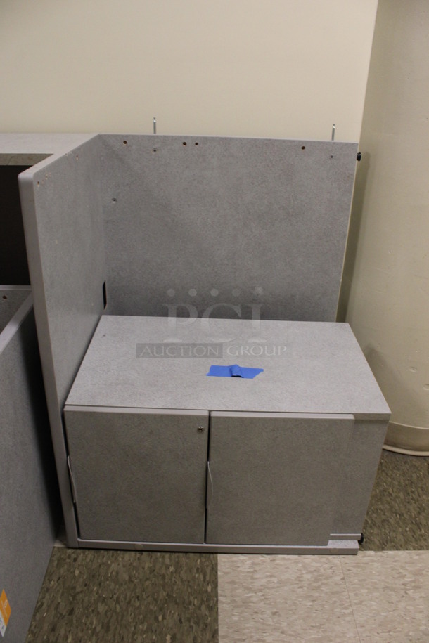 ALL ONE MONEY! Lot of Disassembled Gray Desk Set Up. Pieces; Corner Desk, Filing Cabinets and Hutch! 36x36x29, 36x15x37.5, 24x24x29, 36x24x29. (Hallways Straight Off Of Atrium) - Image 5 of 7