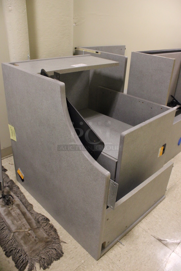 ALL ONE MONEY! Lot of Disassembled Gray Desk Set Up. Pieces; Corner Desk, 2 Desks w/ Filing Cabinets and Hutch! 36x36x29, 24x24x29, 36x15x37.5, 36x24x29. (Hallways Straight Off Of Atrium) - Image 2 of 7