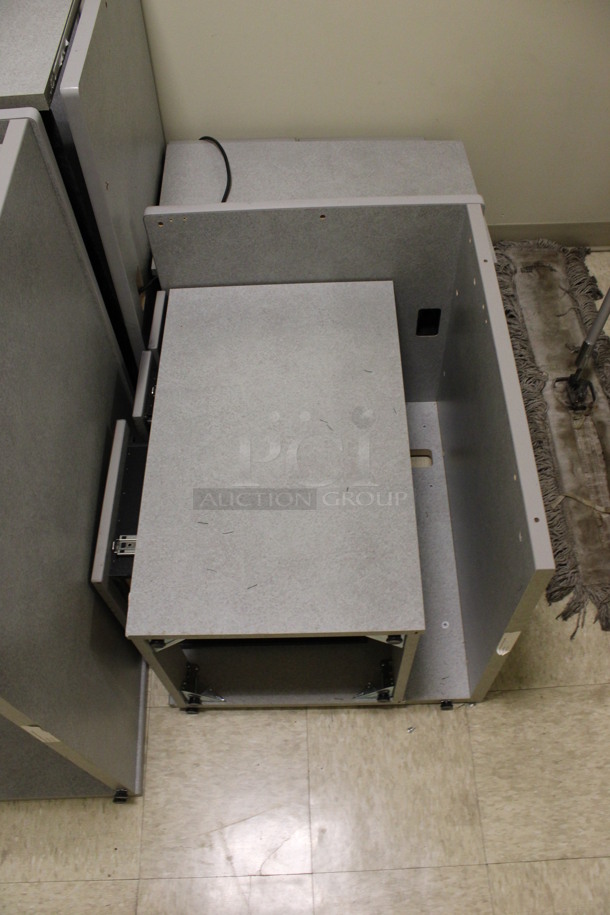ALL ONE MONEY! Lot of Disassembled Gray Desk Set Up. Pieces; Corner Desk, 2 Desk w/ Filing Cabinet, 2 Filing Cabinets! 6x36x29, 24x24x29, 36x24x29, 36x15x37.5. (Hallways Straight Off Of Atrium) - Image 2 of 7
