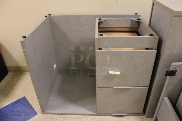 ALL ONE MONEY! Lot of Disassembled Gray Desk Set Up. Pieces; Corner Desk, 2 Desk w/ Filing Cabinet, 2 Filing Cabinets! 6x36x29, 24x24x29, 36x24x29, 36x15x37.5. (Hallways Straight Off Of Atrium) - Image 5 of 7