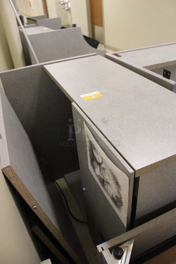 ALL ONE MONEY! Lot of Disassembled Gray Desk Set Up. Pieces; Corner Desk, 2 Desk w/ Filing Cabinet, 2 Filing Cabinets! 6x36x29, 24x24x29, 36x24x29, 36x15x37.5. (Hallways Straight Off Of Atrium) - Image 6 of 7