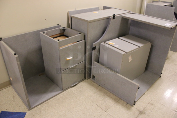 ALL ONE MONEY! Lot of Disassembled Gray Desk Set Up. Pieces; Corner Desk, 2 Desk w/ Filing Cabinet, 2 Filing Cabinets! 6x36x29, 24x24x29, 36x24x29, 36x15x37.5. (Hallways Straight Off Of Atrium) - Image 7 of 7