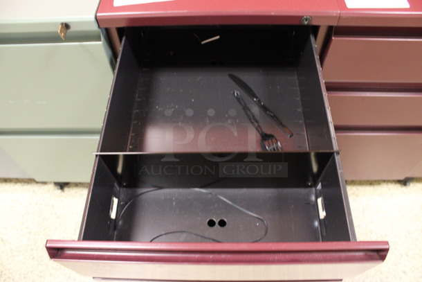 Maroon Metal 3 Drawer Filing Cabinet on Casters. 15x22x28. (Hallway To The Right of Atrium Lobby) - Image 6 of 7
