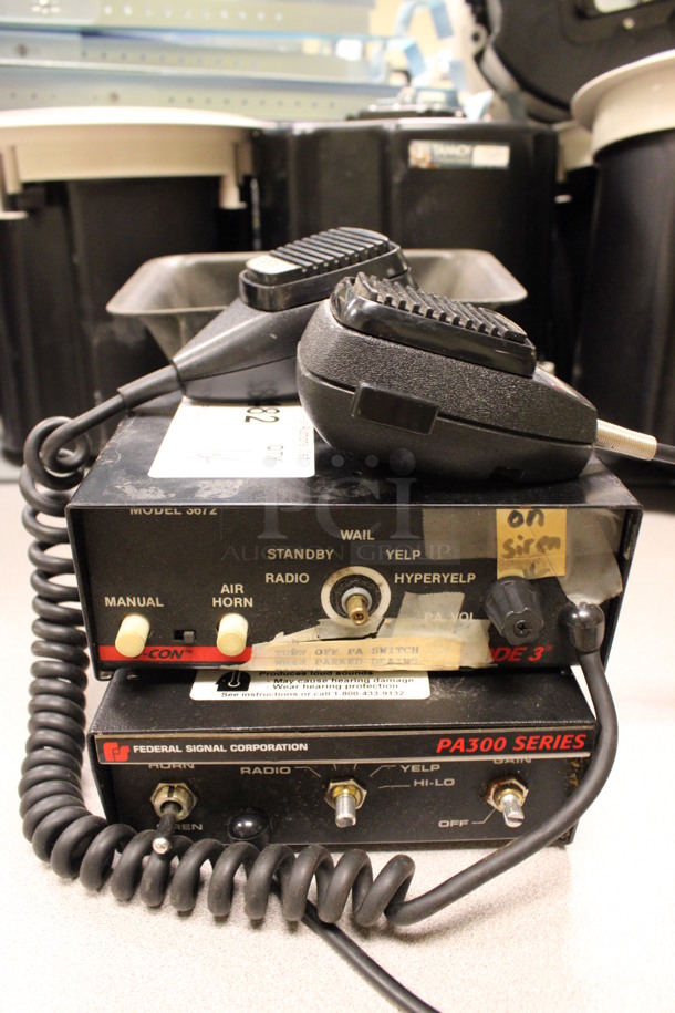 ALL ONE MONEY! Lot of Federal Signal PA300 Series Console, V-Con 3672 Console and Mic! Includes 7x6x2.5. (Room 105) - Image 1 of 3