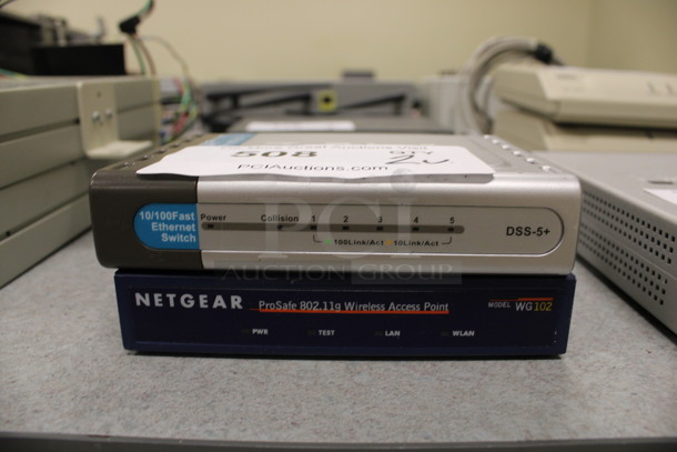 2 Units; DSS-5+ 10/100 Fast Ethernet Switch and Netgear WG102 ProSafe 802.1g Wireless Access Point. 5.5x4.5x1. 2 Times Your Bid! (Room 105)