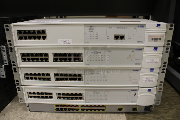 ALL ONE MONEY! Lot of 5 Various Items Including Four 3Com Super Stack Switches. 19x10.5x3. (Room 105)