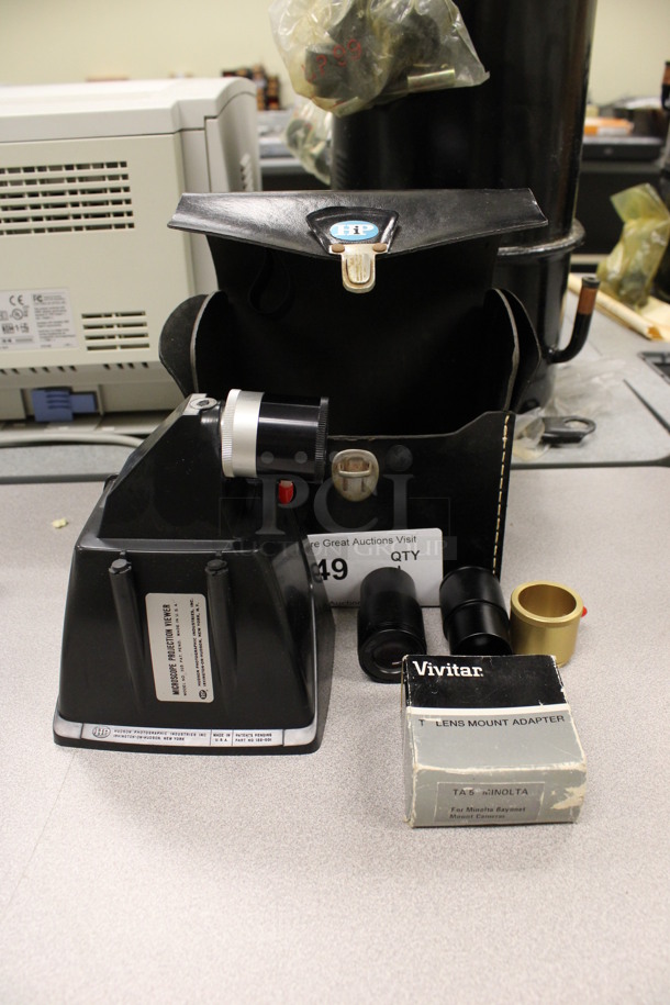 ALL ONE MONEY! Lot of Various Items Including Microscope Projection View and Lenses in Black Bag. (Room 105)