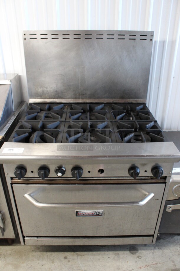 Tri Star Stainless Steel Commercial Natural Gas Powered 6 Burner Range w/ Oven and Back Splash. 36x34x57