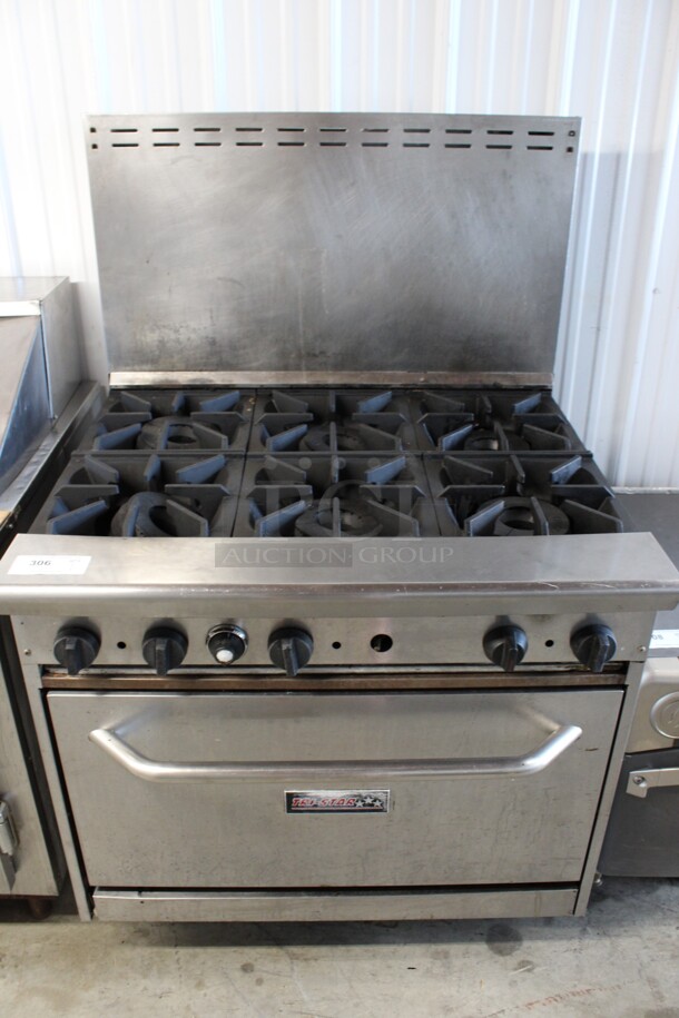 Tri Star Stainless Steel Commercial Natural Gas Powered 6 Burner Range w/ Oven and Back Splash. 36x34x57 - Image 1 of 6