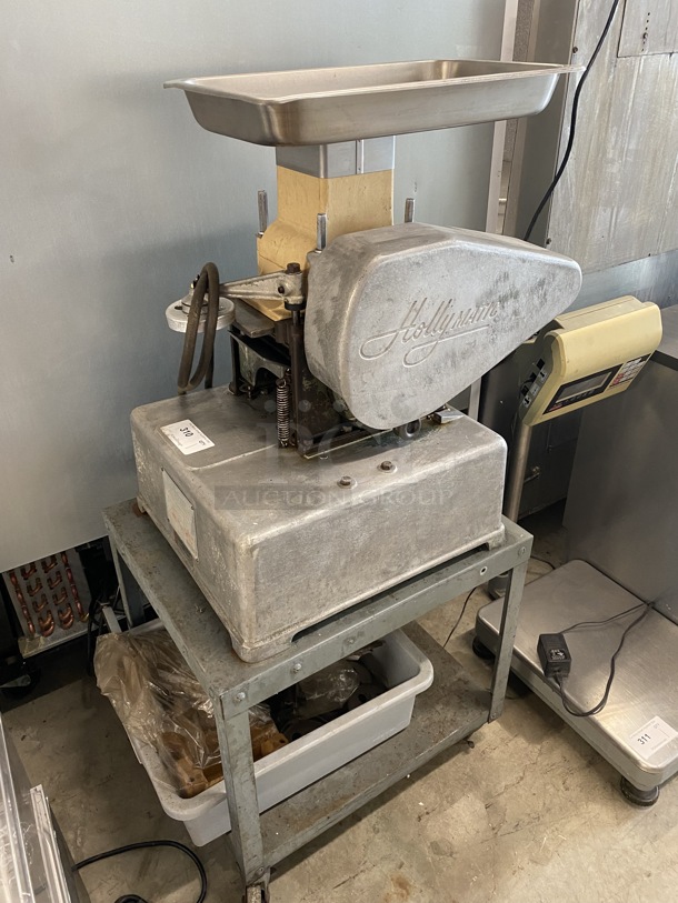 Hollymatic Metal Commercial Countertop Patty Former w/ Bin of Extra Pieces on Metal Stand w/ Commercial Casters. 115 Volts, 1 Phase. 20x30x53. Tested and Working! - Image 8 of 9