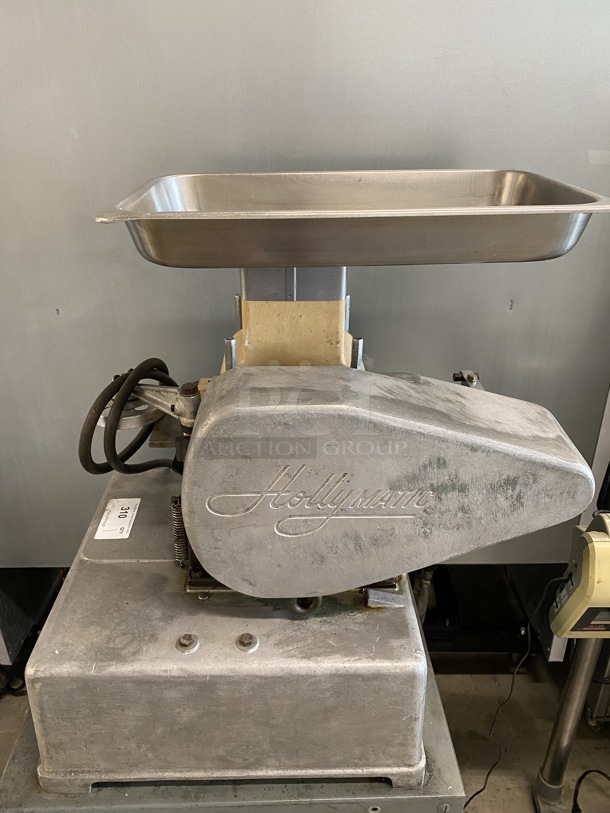 Hollymatic Metal Commercial Countertop Patty Former w/ Bin of Extra Pieces on Metal Stand w/ Commercial Casters. 115 Volts, 1 Phase. 20x30x53. Tested and Working! - Image 9 of 9