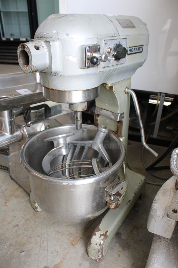 Hobart Model A-200 Metal Commercial Countertop 20 Quart Planetary Mixer w/ Stainless Steel Mixing Bowl, Paddle, Whisk and Dough Hook Attachments. 115 Volts, 1 Phase. 17x21x31. Tested and Does Not Power On