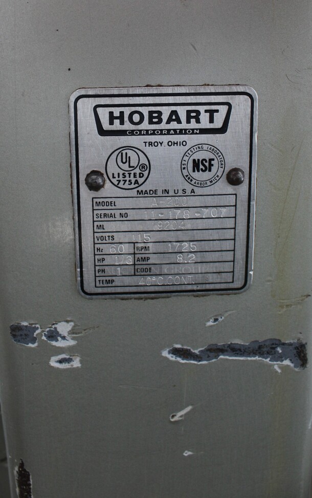 Hobart Model A-200 Metal Commercial Countertop 20 Quart Planetary Mixer w/ Stainless Steel Mixing Bowl, Paddle, Whisk and Dough Hook Attachments. 115 Volts, 1 Phase. 17x21x31. Tested and Does Not Power On - Image 7 of 8