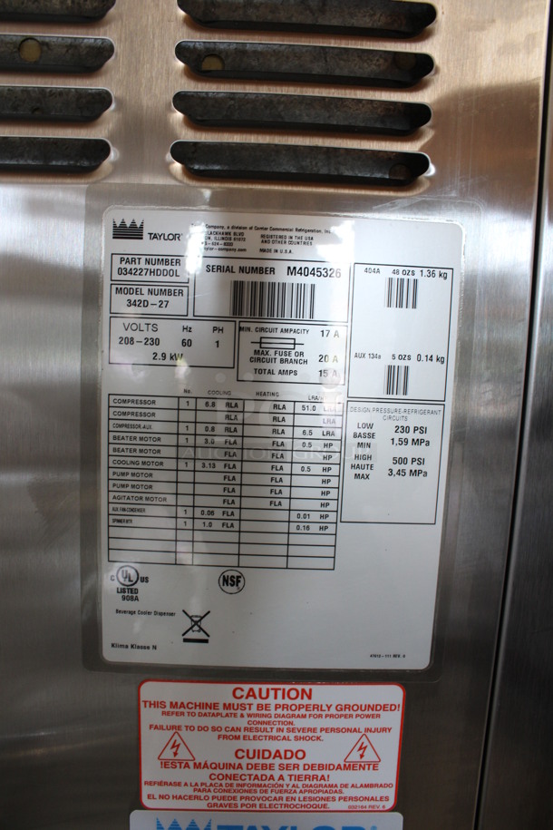 2014 Taylor Model 342D-27 Stainless Steel Commercial Floor Style Air Cooled 2 Flavor Frozen Beverage Machine w/ Drink Mixer Attachment on Commercial Casters. 208-230 Volts, 1 Phase. 26x33x60 - Image 8 of 11
