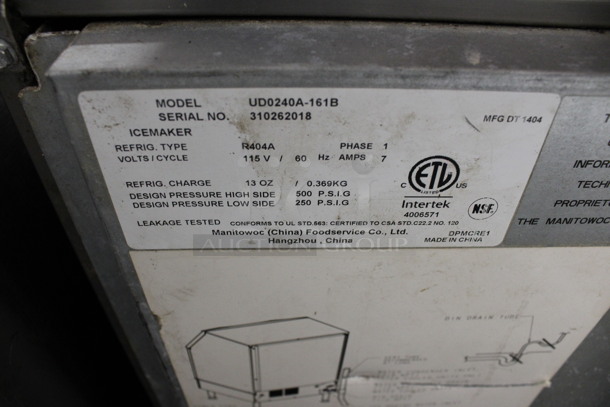 2014 Manitowoc Model UD0240A-161B Stainless Steel Commercial Air Cooled Self Contained Ice Machine. 115 Volts, 1 Phase. 26x26x36 - Image 7 of 7