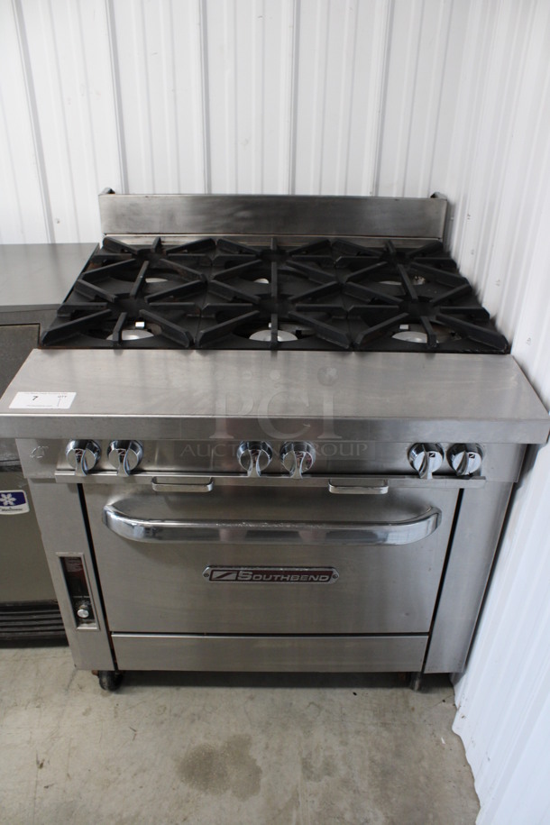 Southbend Model P36D-BBB Stainless Steel Commercial Natural Gas Powered 6 Burner Range w/ Oven on Commercial Casters. 36x37.5x41