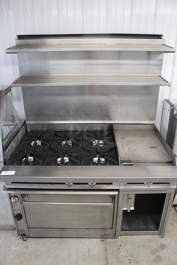 Stainless Steel Commercial Natural Gas Powered 6 Burner Range w/ Right Side Flat Top Griddle, Oven, Under Shelf and 2 Tier Over Shelves. 54x38.5x67