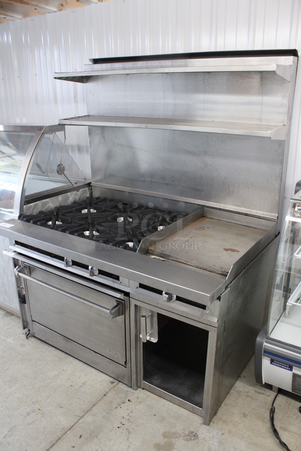 Stainless Steel Commercial Natural Gas Powered 6 Burner Range w/ Right Side Flat Top Griddle, Oven, Under Shelf and 2 Tier Over Shelves. 54x38.5x67 - Image 2 of 12